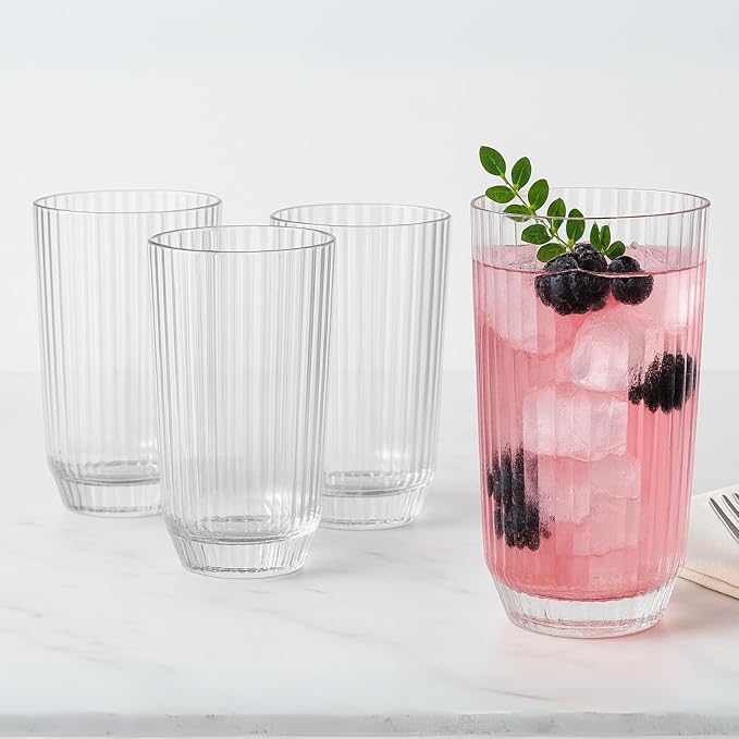 Khen Plastic Acrylic Ribbed Drinking Glasses – Set of 4 Clear 11.8oz Tritan - Image 5