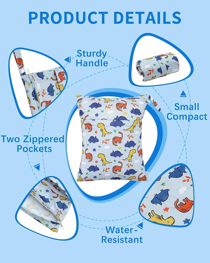 babygoal Dinosaur Wet Dry Bags 3 Pack, Waterproof Travel Bags - Image 2