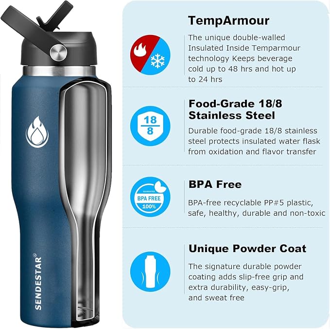 SENDESTAR 40oz Stainless Steel Water Bottle, Double Wall Vacuum Insulated Bottle - Image 3