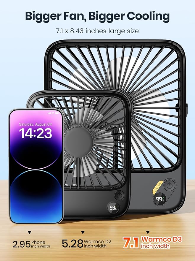 Warmco 10000mAh Portable Travel Fan 7-inch, Max 24H Runtime, Ultra-thin Quiet - Image 7