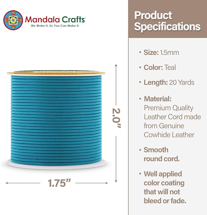 Mandala Crafts Round Genuine Teal Leather Cord - Image 4