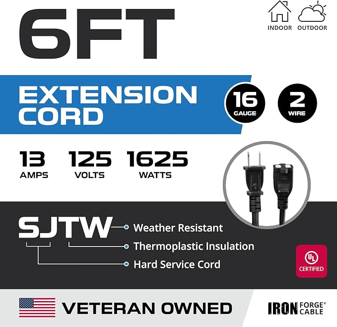 Iron Forge Cable 6 ft Black Extension Cord, 6 Foot Extension Cord - Image 2