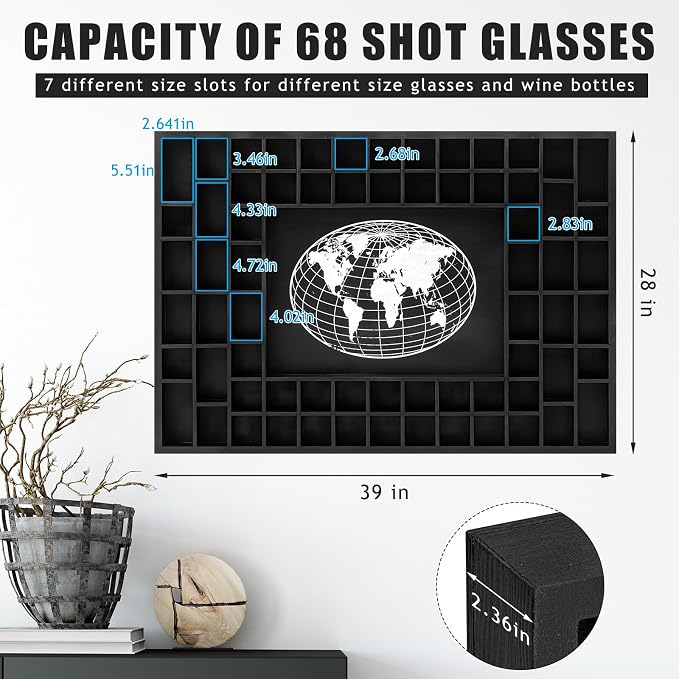 GlikCeil Large World Map 68 Slots Shot Glass Display Case 40 x 28'' Rustic Wood - Image 2