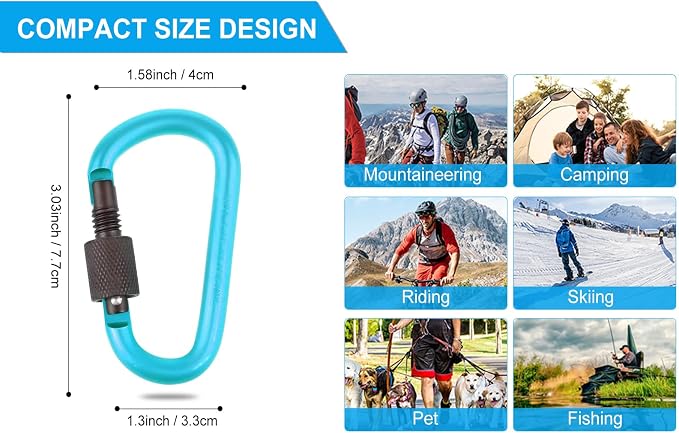 10 Pack Aluminum D Ring Key Rings Hiking Clips Locking Carabiner - Image 2