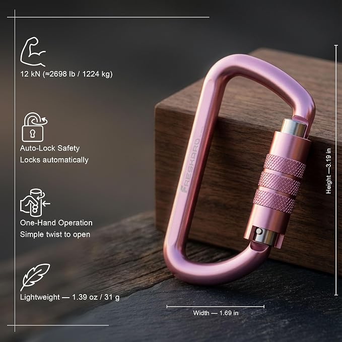 FresKaro 3inch 12kN-2698lbs Auto Locking Carabiner Clips, Solid D Shape - Image 2