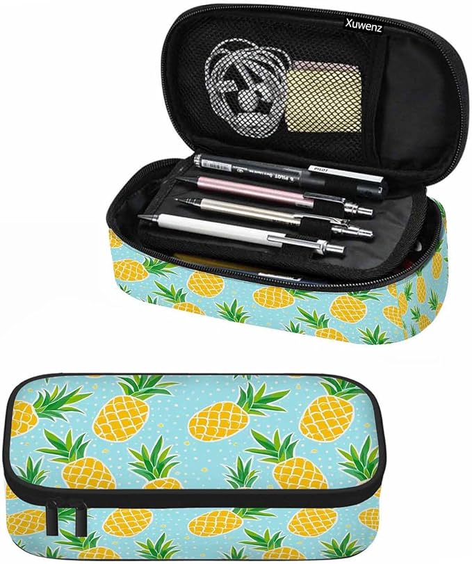 Pineapple Pencil Bag Tropical Fruit Exotic White Polka Dots Yellow Blue Big by Unknown