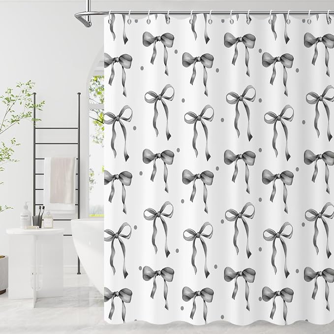 Grey and White Bow Shower Curtain by Caheansi