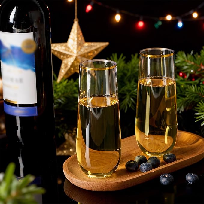 FOCUSLINE 24 Pack 9 Oz Plastic Stemless Gold Rim Champagne Flutes, Heavy Duty - Image 2