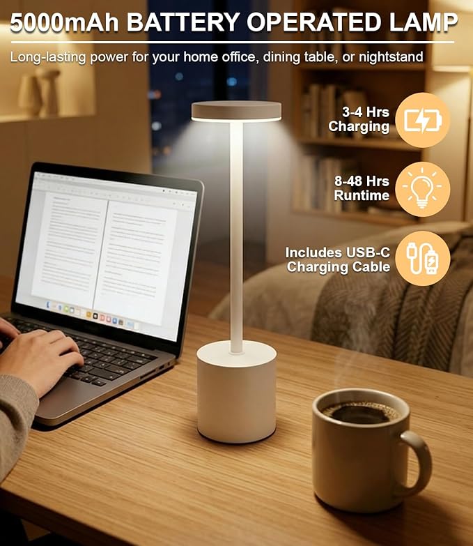 Swinerton White Rechargeable Cordless Table Lamps Set, 5000mAh Battery Powered - Image 2