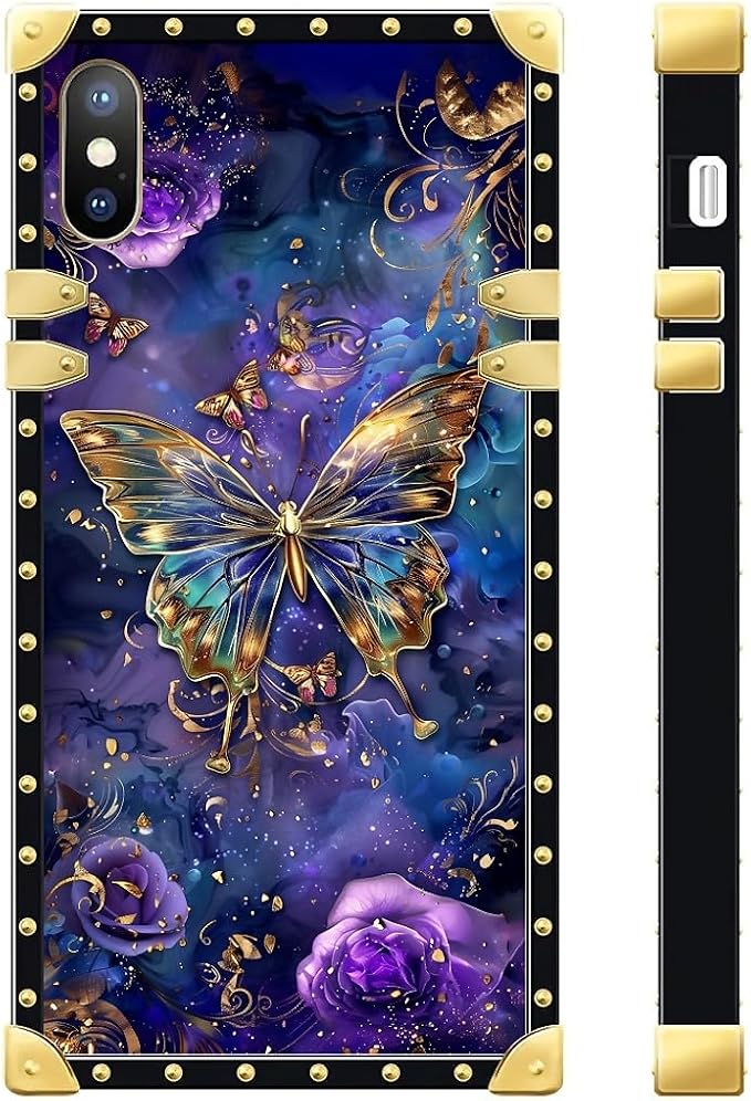 Compatible with iPhone XR Case, Glistening Golden Butterfly Vibrant Purple Blue - Image 3
