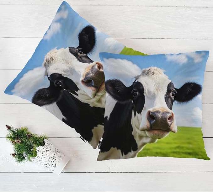Swono Cow Bed Pillow Covers, Funny Farm Cattle Cow On Grass Meadow Decorative - Image 5