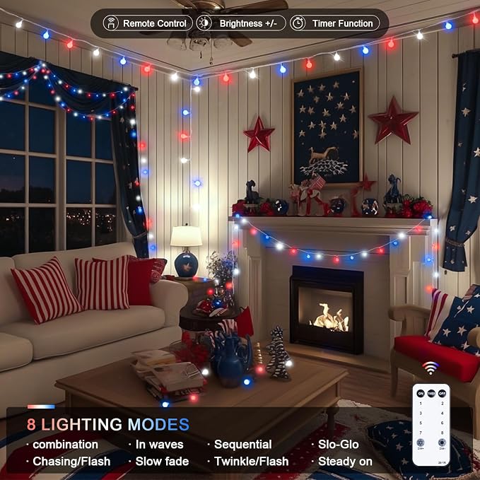 JMEXSUSS Connectable Red White and Blue Lights Indoor Outdoor, 100 LED 33ft 4th - Image 2