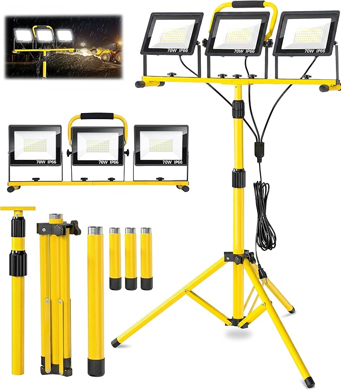 21000 LM LED Work Light with Stand, 3-Head Adjustable Portable Tripod Light by PACOLITP