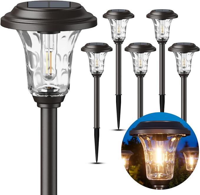 XMCOSY+ Solar Lights Outdoor Waterproof, 6 Pack Metal Glass Solar Pathway Lights - Image 8
