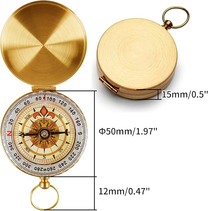 Brass Pocket Compass with Luminous Dial, Sports Waterproof Navigation Maganetic - Image 2