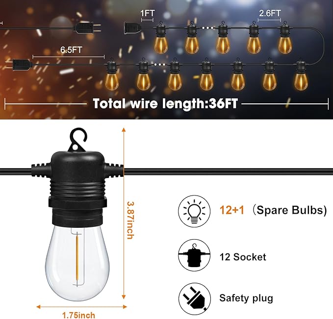 GvvooHome LED Outdoor String Lights 36FT Patio Lights - Image 6