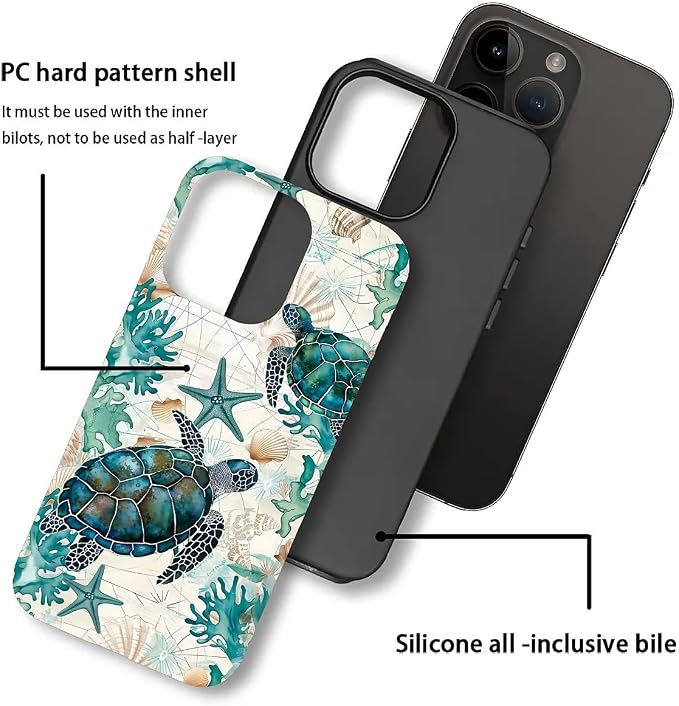 for iPhone 14 Pro Case, HH2 Ocean Sea Turtle Nautical Map Hybrid 2 Layer Hard - Image 3
