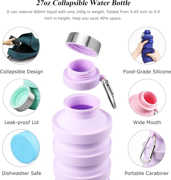 Nefeeko Collapsible Water Bottle, Reuseable BPA Free Silicone Foldable Water - Image 4