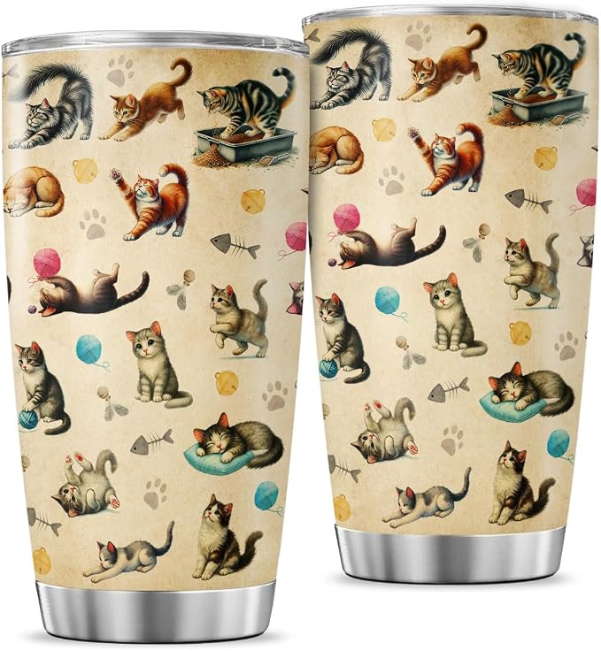 Cute Cat Pattern Travel Mug, 20oz Insulated Stainless Steel Tumbler by JENOIS