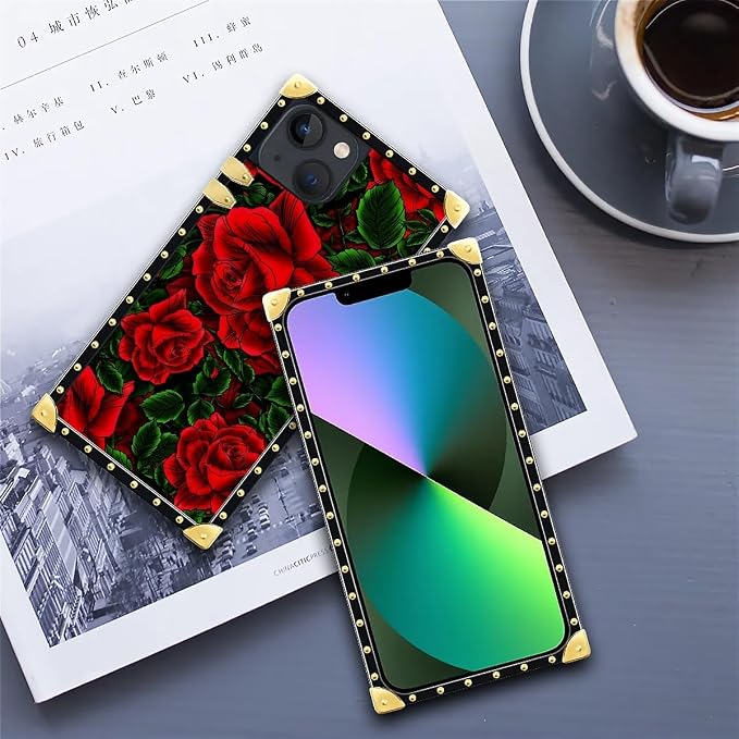 Compatible with iPhone 13 Case, Vector Red Rose Green Leaf Luxury Golden - Image 6