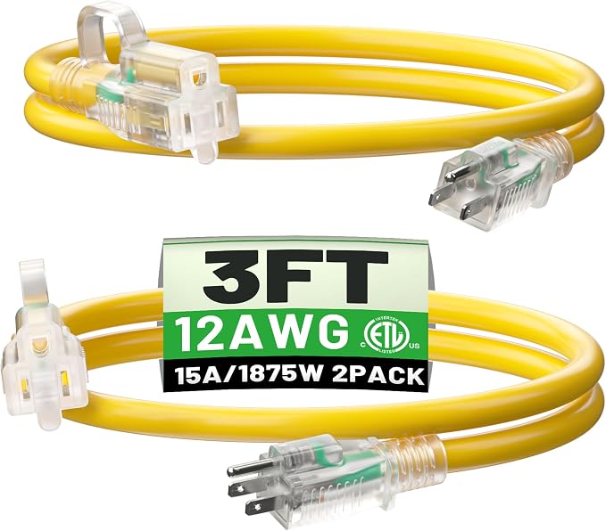 POWGRN 2 Pack 3 ft 12/3 Outdoor Extension Cord Waterproof Heavy Duty by POWGRN