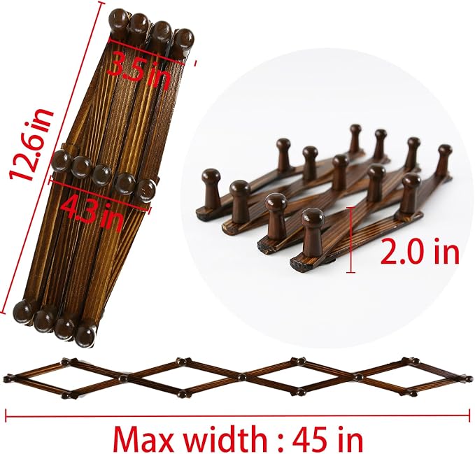 AMAPON Accordion Style Expandable Wall Wooden Coat Rack 13 Hooks Hang Hats - Image 2