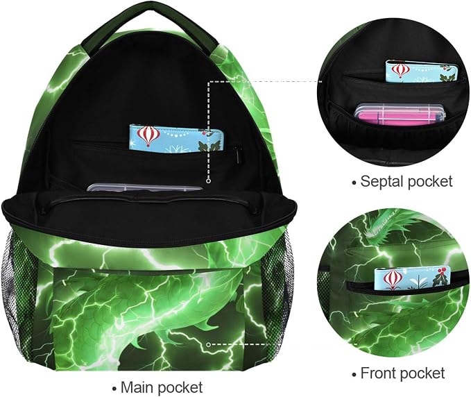 Wamika Dragon Backpack for Boys Girls Cool Green Fire Dinosaur Kids Backpacks - Image 3