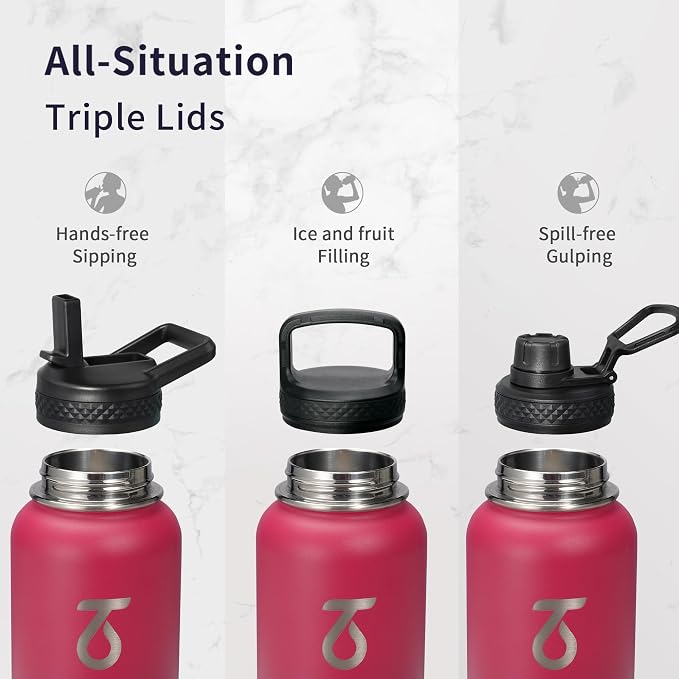 Trebo 40oz Water Bottle with 3 Lid and handle, Vacuum Insulated Stainless Steel - Image 3