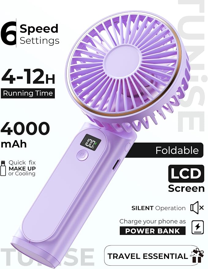 TUNISE Portable Handheld Fan, 180 Adjustable, 6 Speed Wind, USB Rechargeable - Image 2