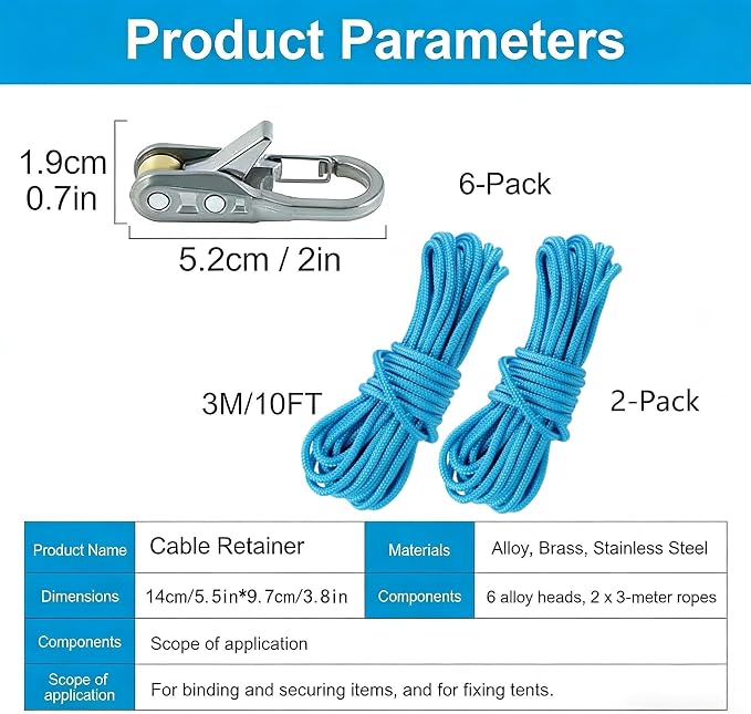 6-Pack Paracord Adjusters, Rope Tightening Tool & Tensioner, Heavy-Duty Roller - Image 3