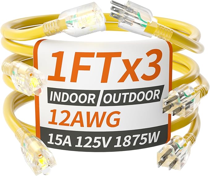 PlugSaf 12/3 Gauge Yellow Indoor Outdoor Extension Cord 1FT by PlugSaf