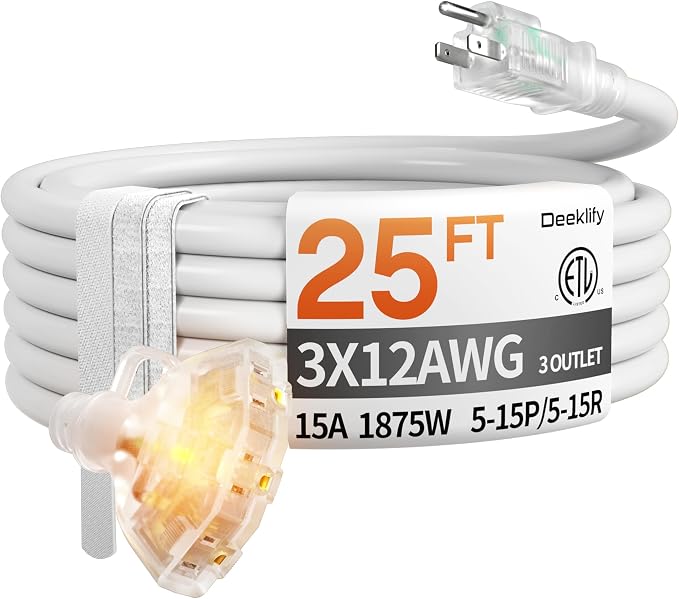 25 ft 12 Gauge Heavy Duty 3 Outlet Extension Cord Splitter by Deeklify