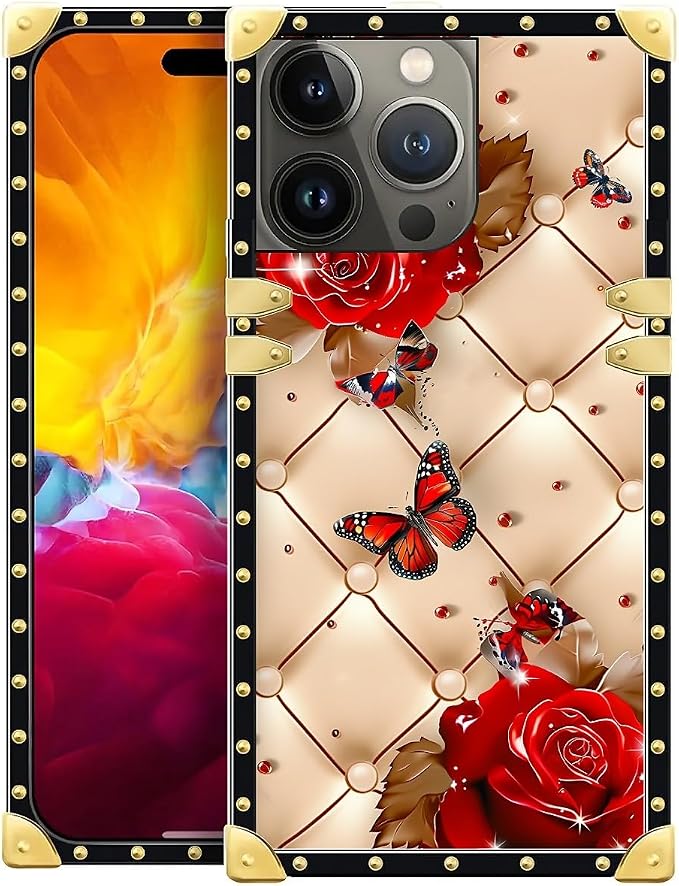 Compatible with iPhone 15 Pro Case, Shining Red Rose Butterfly Leather by Unknown