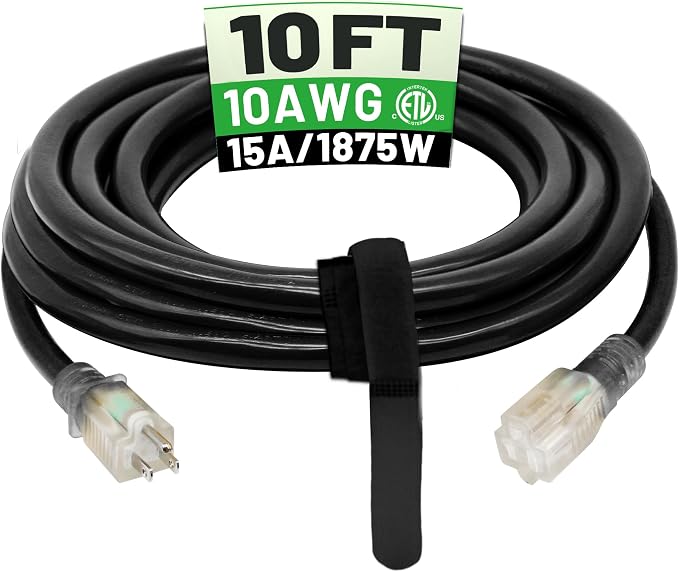 POWGRN 10 Ft 10AWG Black Outdoor Extension Cord Waterproof Heavy Duty 10 Gauge by POWGRN