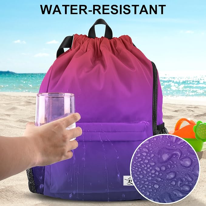 Drawstring Backpack with Mesh Pockets String Gym Bag Sackpack Sandproof Water - Image 3