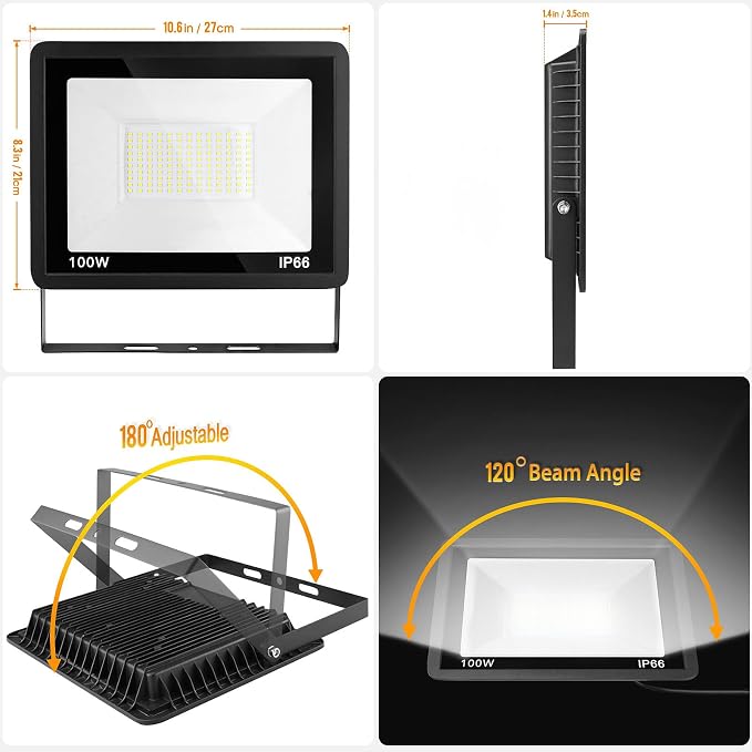 100W LED Flood Light Outdoor, IP66 Waterproof Outside Work Lights, 6500K - Image 4