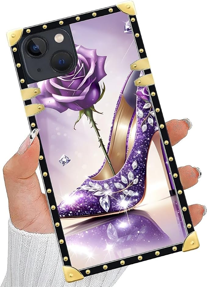 Compatible with iPhone 15 Case, High Heeled Purple Diamond Rose Luxury Golden - Image 5