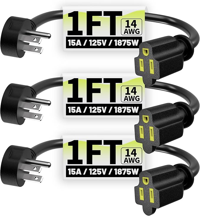 Vockjour 1 FT 3 Pack Black Short Low Profile Flat Plug 14 Gauge Heavy Duty by Vockjour