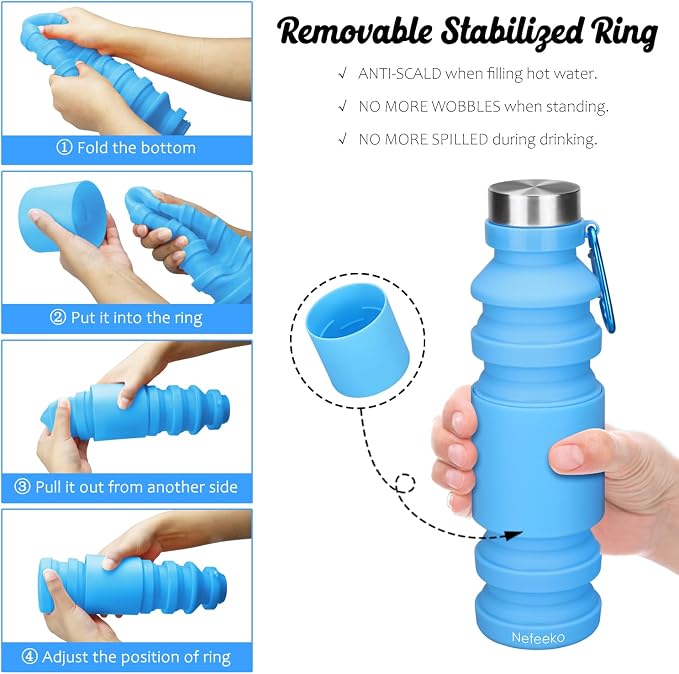 Nefeeko Collapsible Water Bottle, Reuseable BPA Free Silicone Foldable Water - Image 4