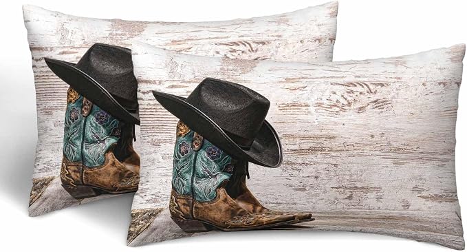 Western Cowboy Embroidered Boots Hat 12 X 20 Throw Pillow Covers Set of 2 by Unknown