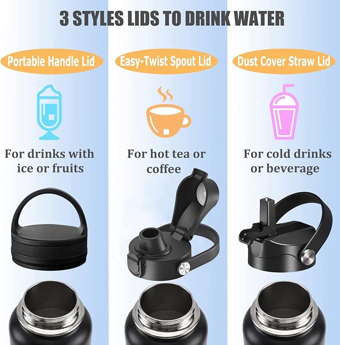 Water Bottle Insulated 32oz 40oz 64oz 128oz Straw Lid Spout Lid & 3 Lids - Image 5