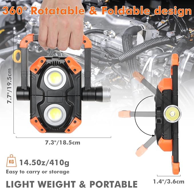 sunzone Rechargeable LED Work Light, Portable Flood Light Spotlight 2 in 1 Job - Image 5