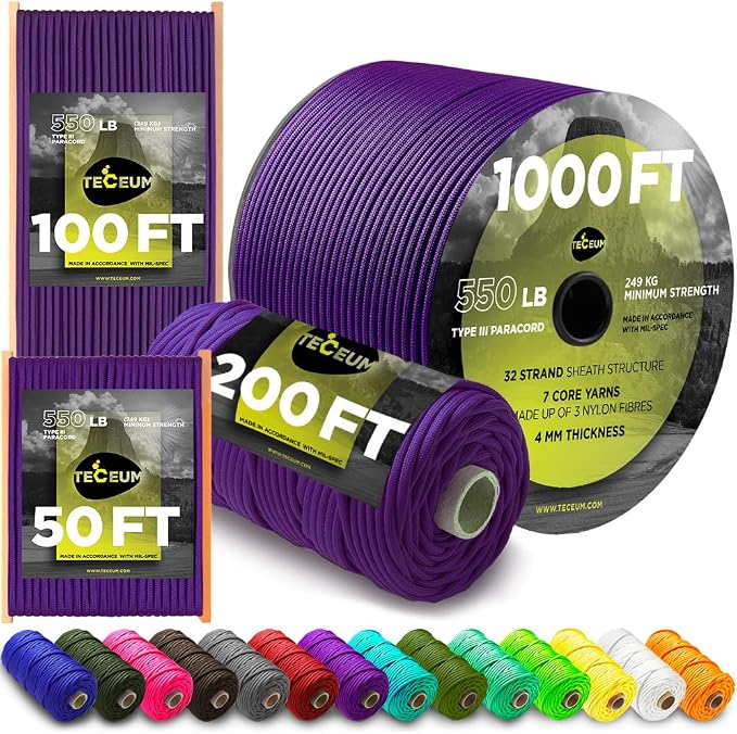 TECEUM Reflective Paracord Rope 1000 – 1000ft/200ft/100ft/50ft – 40+ Colors – by TECEUM