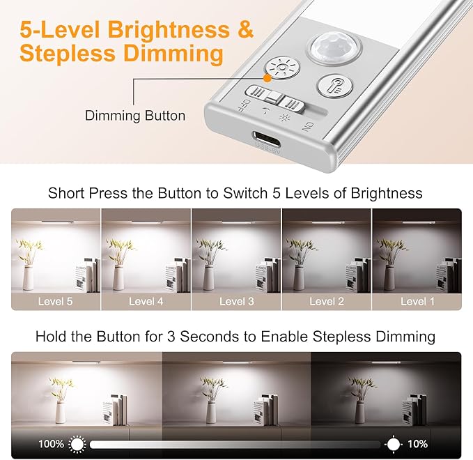 Gritin 10.2inch Under Cabinet Lighting Rechargeable 2 Pack- 3 Color Temps&5 - Image 5