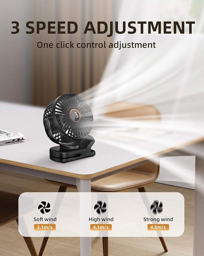 TUNISE Mini Clip on Fan, Battery Operated Desk Fan, Digital display，3 Speeds - Image 5