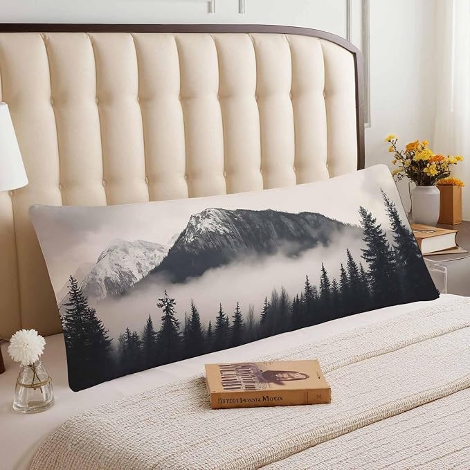 Forest Rectangle Body Pillow Covers Foggy Forest Mountain Winter 20"X54" Couch - Image 3