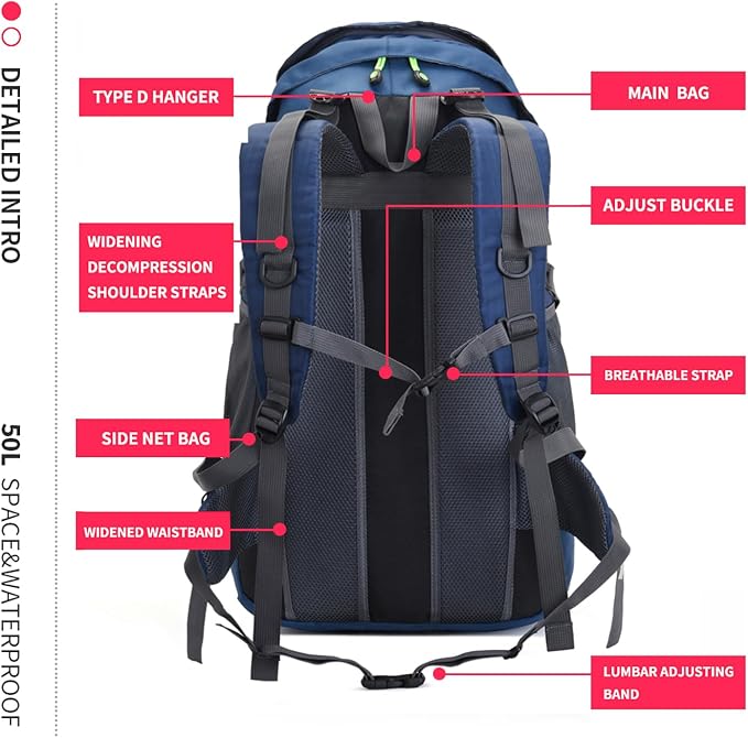 Bseash 50L Hiking Backpack, Water Resistant Lightweight Outdoor Sport Daypack - Image 9