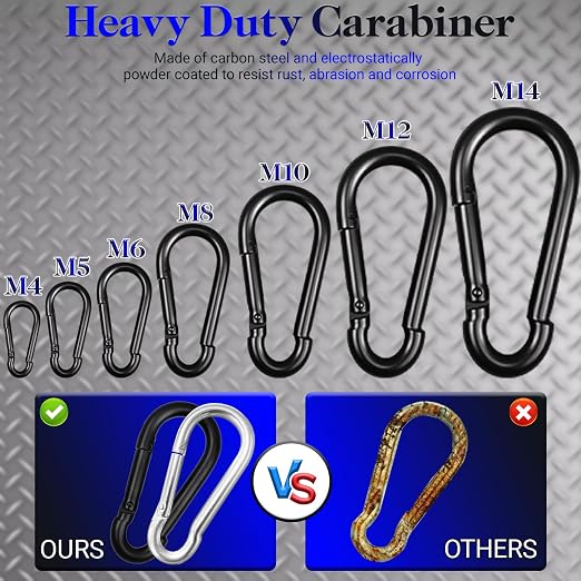 12 Pack 5.5" Heavy Duty Carabiner Clips, M14 Black Galvanized Steel Spring Snap - Image 4