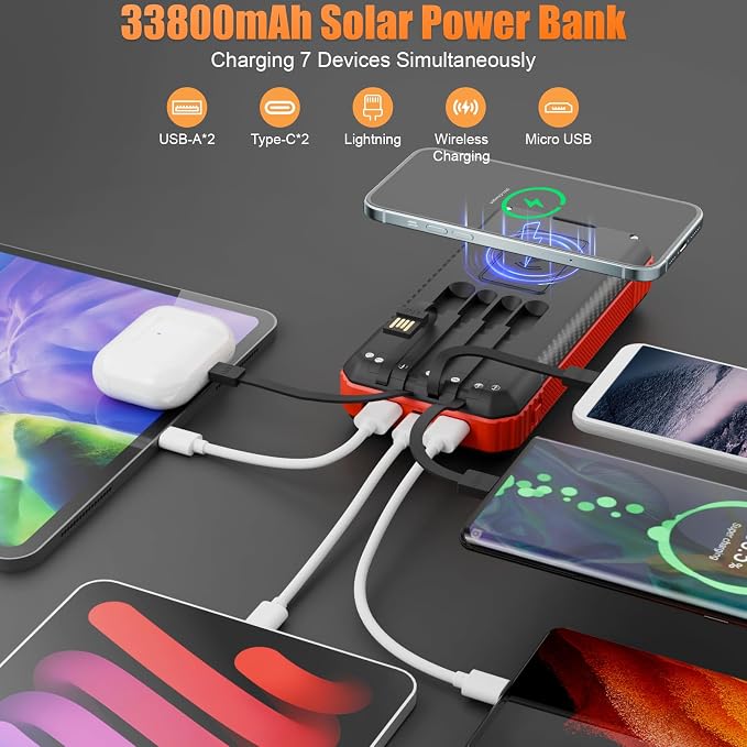 Solar Power Bank 33800mAh with Super Bright LED Flashlight, Built-in 4 Cables & - Image 2