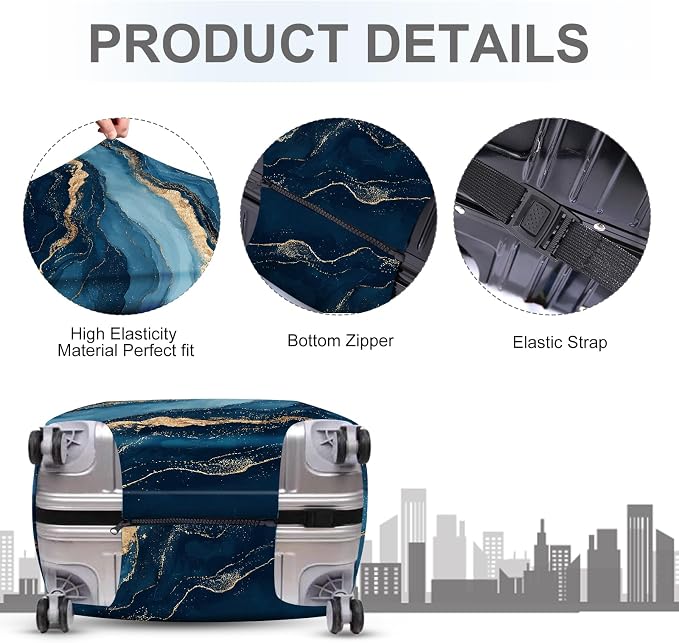 ANNA QUEEN Blue Marble Luggage Cover, Modern Gold Vein Abstract Design Suitcase - Image 4